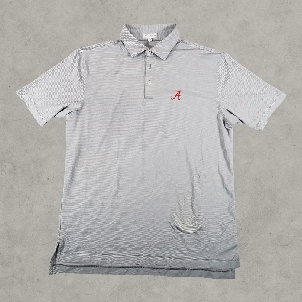 Peter Millar Polo Shirt Mens Large Grey Striped Alabama Crimson Tide Golf Casual